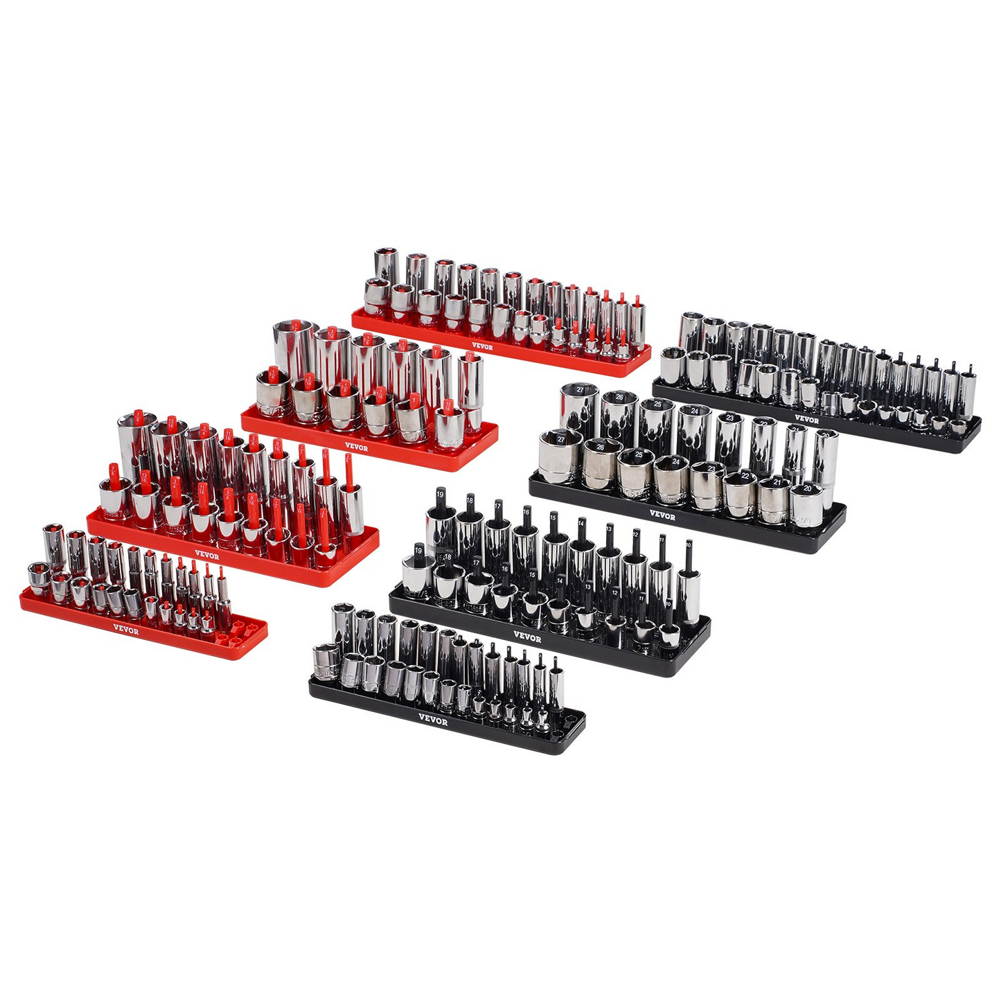VEVOR Socket Organizer Set 8PCS High-Rod Socket Tray Black & Red for Metric SAE