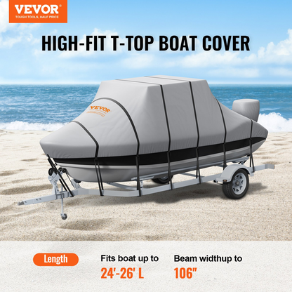 VEVOR T Top Boat Cover, 7310-7920 mm Waterproof Trailerable T-Top Boat Cover, 600D Marine Grade PU Oxford, with Windproof Buckle Straps, for Center Console Boat with T Top Roof, Fits 7310-7920 mm L x 2690 mm W, Grey