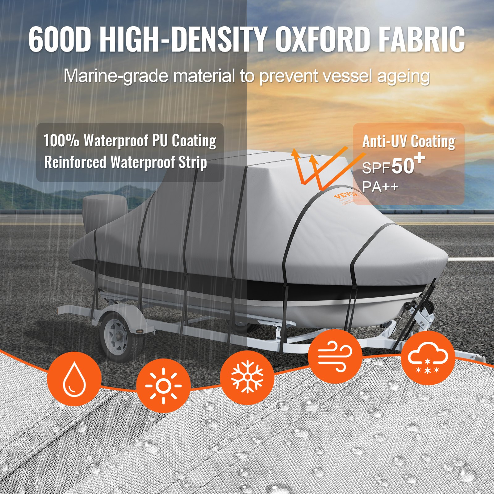 VEVOR T Top Boat Cover, 7310-7920 mm Waterproof Trailerable T-Top Boat Cover, 600D Marine Grade PU Oxford, with Windproof Buckle Straps, for Center Console Boat with T Top Roof, Fits 7310-7920 mm L x 2690 mm W, Grey