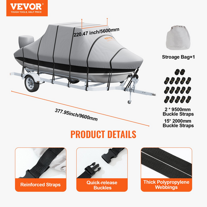 VEVOR T Top Boat Cover, 7310-7920 mm Waterproof Trailerable T-Top Boat Cover, 600D Marine Grade PU Oxford, with Windproof Buckle Straps, for Center Console Boat with T Top Roof, Fits 7310-7920 mm L x 2690 mm W, Grey