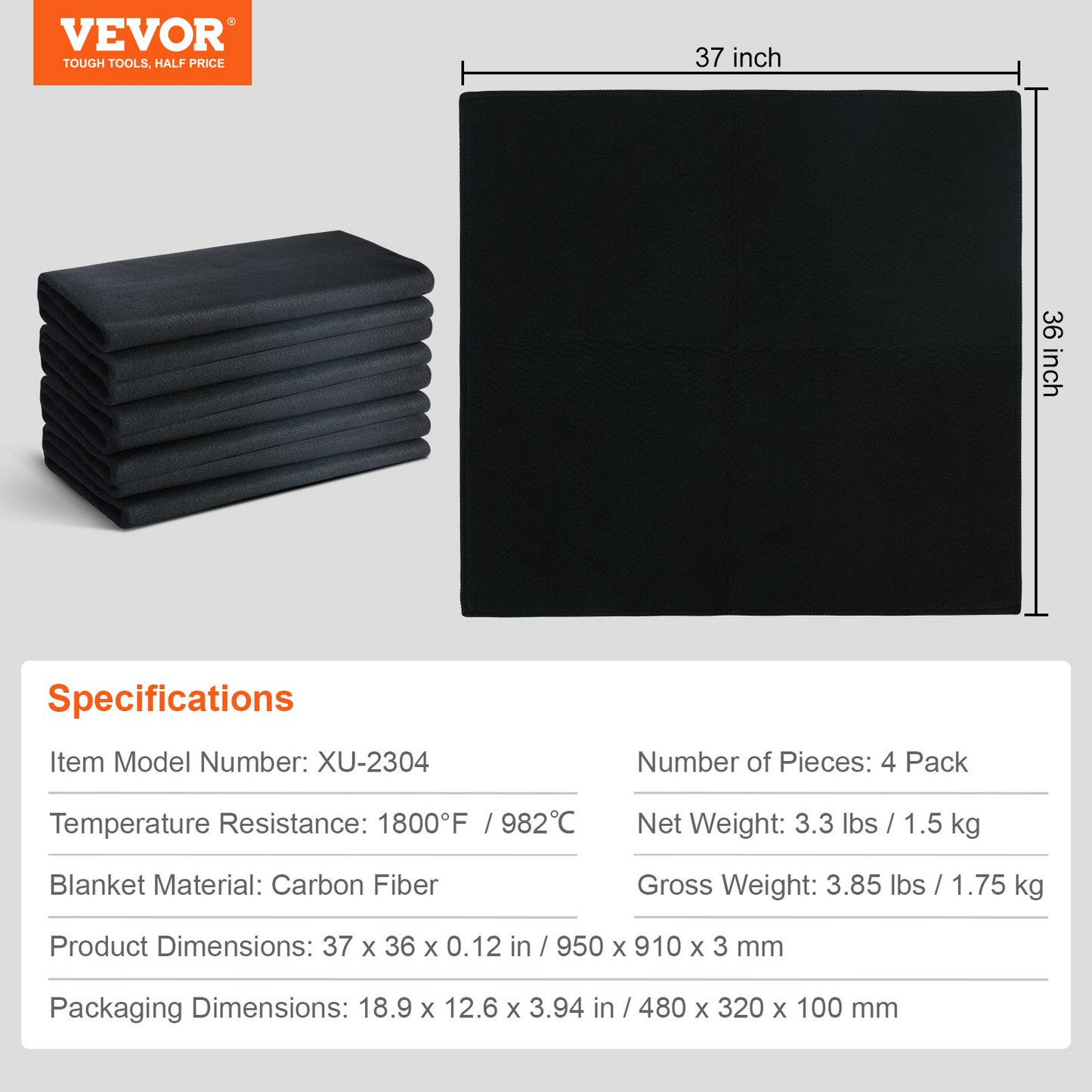 VEVOR Carbon Felt Welding Blanket 4 Pack, 950 x 910 mm Flame Retardant Welding Blanket, Up To 982℃ Heat Resistant Blanket Set, Cuttable Carbon Fiber Fire Retardant Insulation Welding Mat Pad