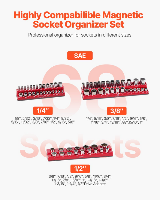 VEVOR Magnetic Socket Organizer Set 3PCS Magnetic Socket Trays Red for SAE