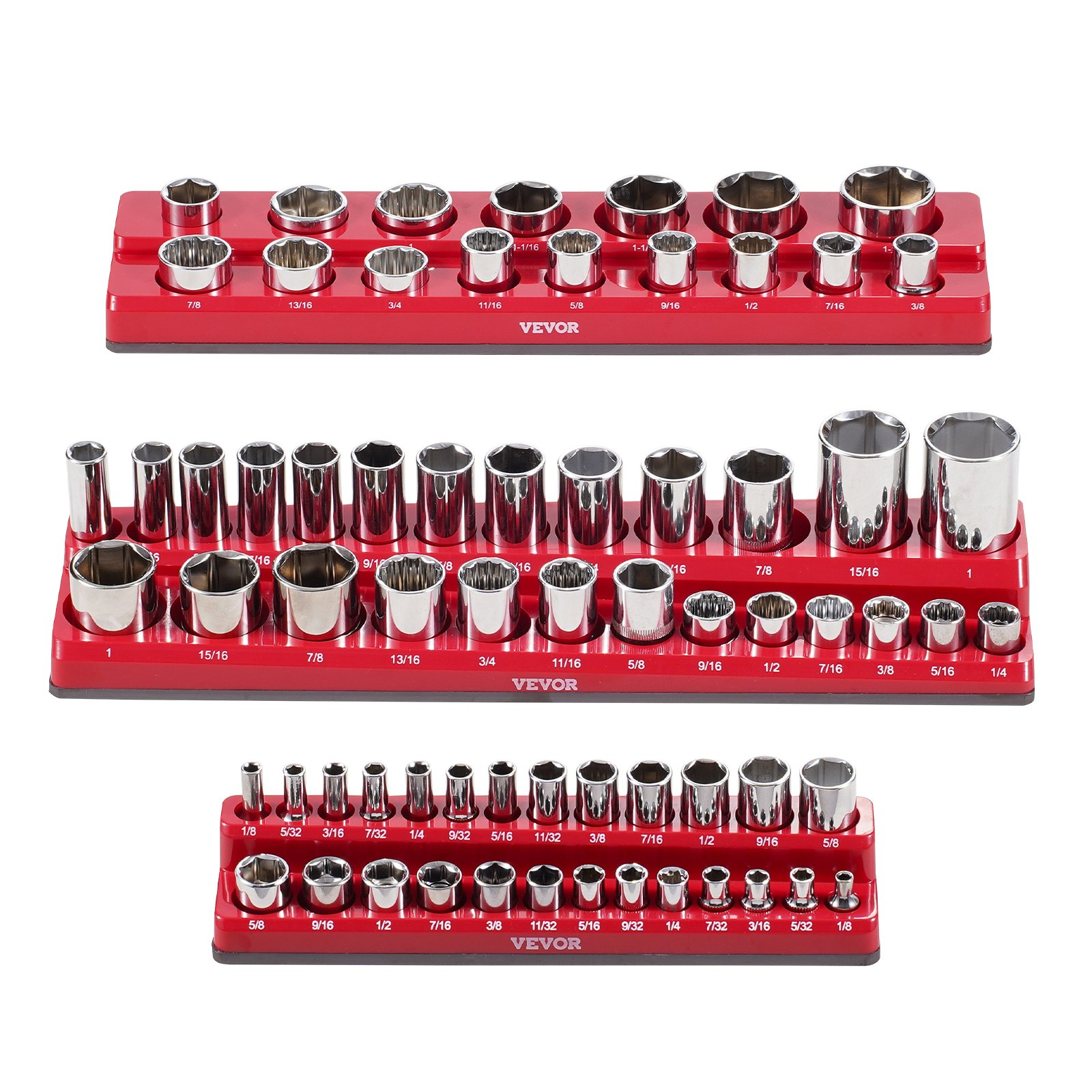 VEVOR Magnetic Socket Organizer Set 3PCS Magnetic Socket Trays Red for SAE