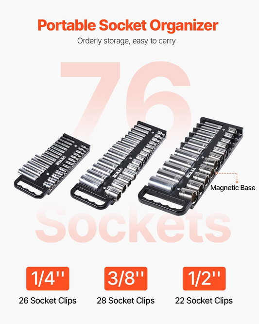 VEVOR Portable Socket Organizer Set 3PCS 76-Clip Magnetic Socket Tray Metric/SAE