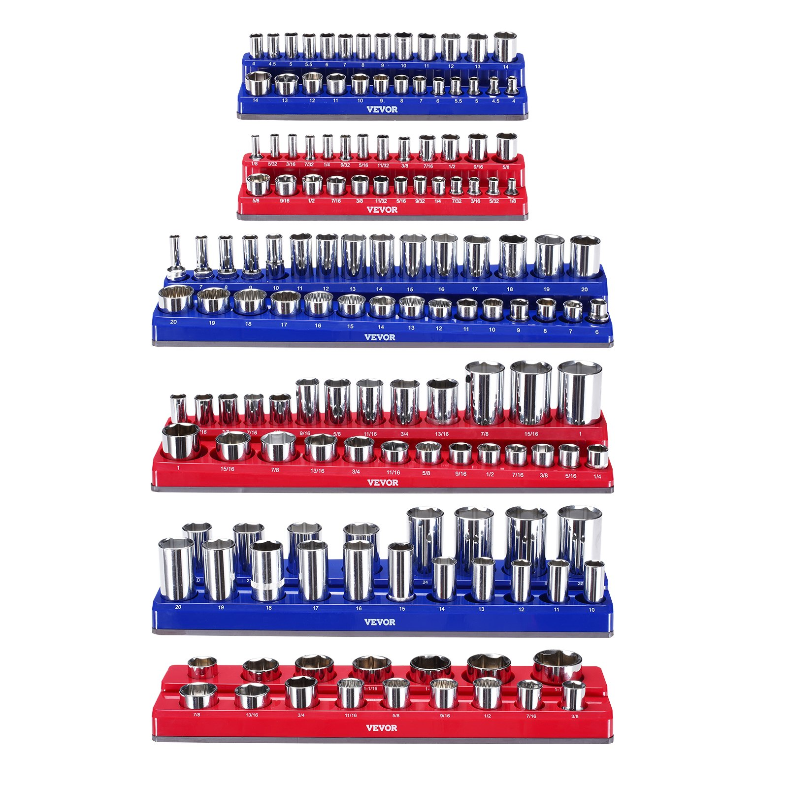 VEVOR Magnetic Socket Organizer Set 6PCS Socket Trays Blue & Red for Metric SAE