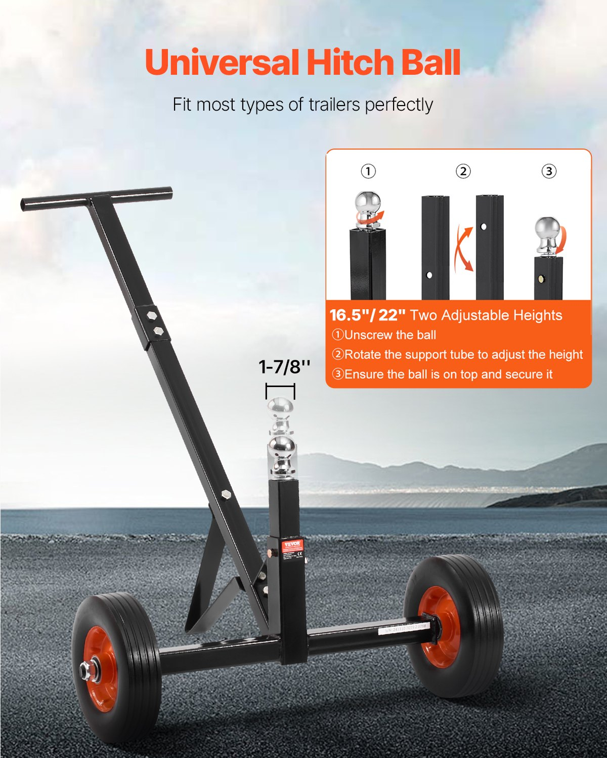 600lbs Trailer Dolly 16.5 and 22 inAdjustable Height 1-7/8 in Ball Solid Tires