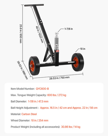 600lbs Trailer Dolly 16.5 and 22 inAdjustable Height 1-7/8 in Ball Solid Tires