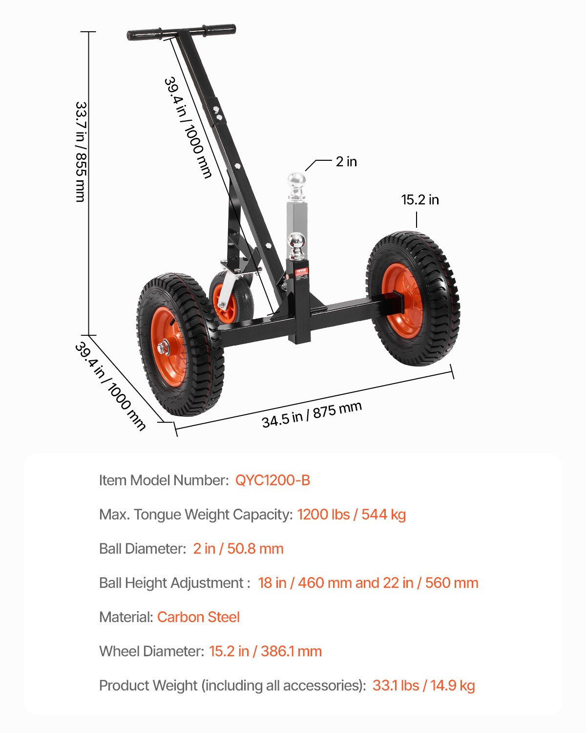 1200lbs Trailer Dolly 18 and 22 in Adjustable Height 2 in Ball 15.2 in Tires