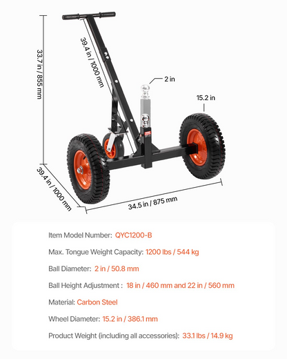 1200lbs Trailer Dolly 18 and 22 in Adjustable Height 2 in Ball 15.2 in Tires