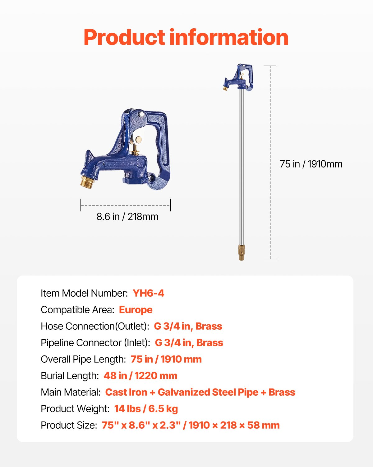 VEVOR Frost Proof Yard Hydrant 75'' Length 48" Bury Depth Heavy-Duty Cast Iron