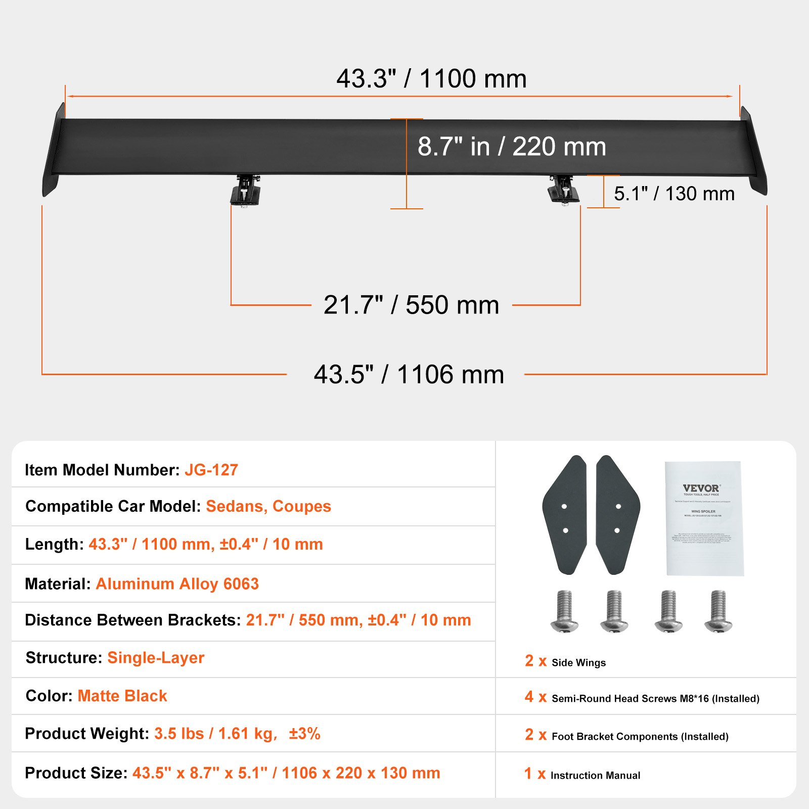 VEVOR GT Wing Car Spoiler, 43.3 inch Universal Spoiler with Single Deck, Adjustable Lightweight Aluminum, Car Rear Spoiler Wing, Racing Spoiler BGW/JDM Drift Black