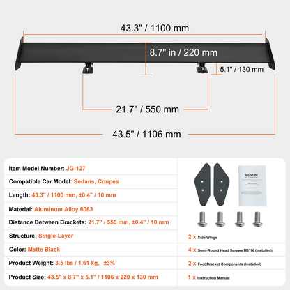 VEVOR GT Wing Car Spoiler, 43.3 inch Universal Spoiler with Single Deck, Adjustable Lightweight Aluminum, Car Rear Spoiler Wing, Racing Spoiler BGW/JDM Drift Black