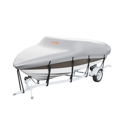 VEVOR Boat Cover, 5180-5790 mm Trailerable Waterproof Boat Cover, 600D Marine Grade PU Oxford, with Motor Cover and Buckle Straps, for V-Hull, Tri-Hull, Fish Ski Boat, Runabout, Bass Boat, Grey