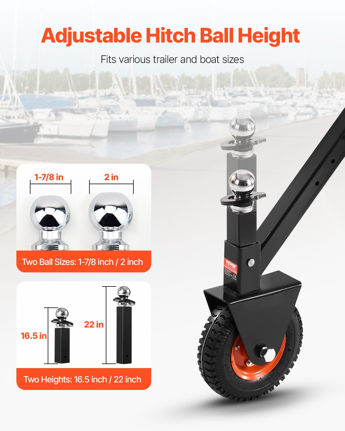 300lbs Adjustable Trailer Dolly 16.5 and 22 in Height 1-7/8 and 2 in Balls