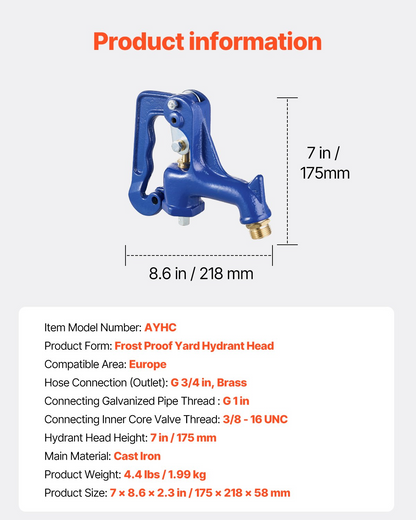 VEVOR Frost Free Outdoor Faucet Freeze Proof Yard Hydrant Replacement Head Blue
