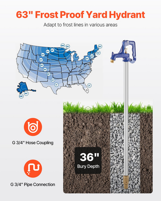 VEVOR Frost Proof Yard Hydrant 63'' Length 36" Bury Depth Heavy-Duty Cast Iron