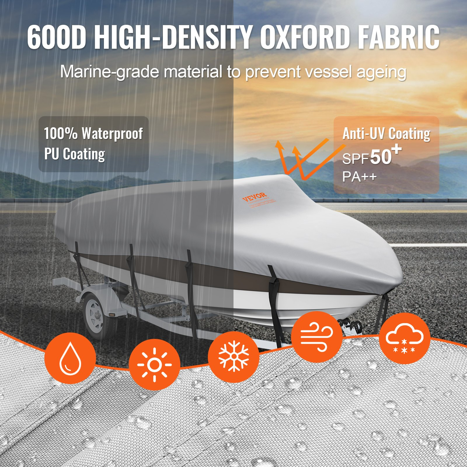 VEVOR Boat Cover, 6090-6700 mmTrailerable Waterproof Boat Cover, 600D Marine Grade PU Oxford, with Motor Cover and Buckle Straps, for V-Hull, Tri-Hull, Fish Ski Boat, Runabout, Bass Boat, Grey