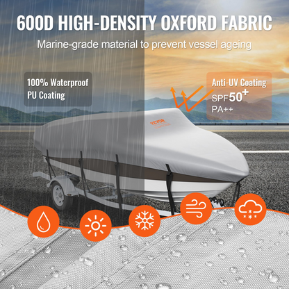 VEVOR Boat Cover, 6090-6700 mmTrailerable Waterproof Boat Cover, 600D Marine Grade PU Oxford, with Motor Cover and Buckle Straps, for V-Hull, Tri-Hull, Fish Ski Boat, Runabout, Bass Boat, Grey