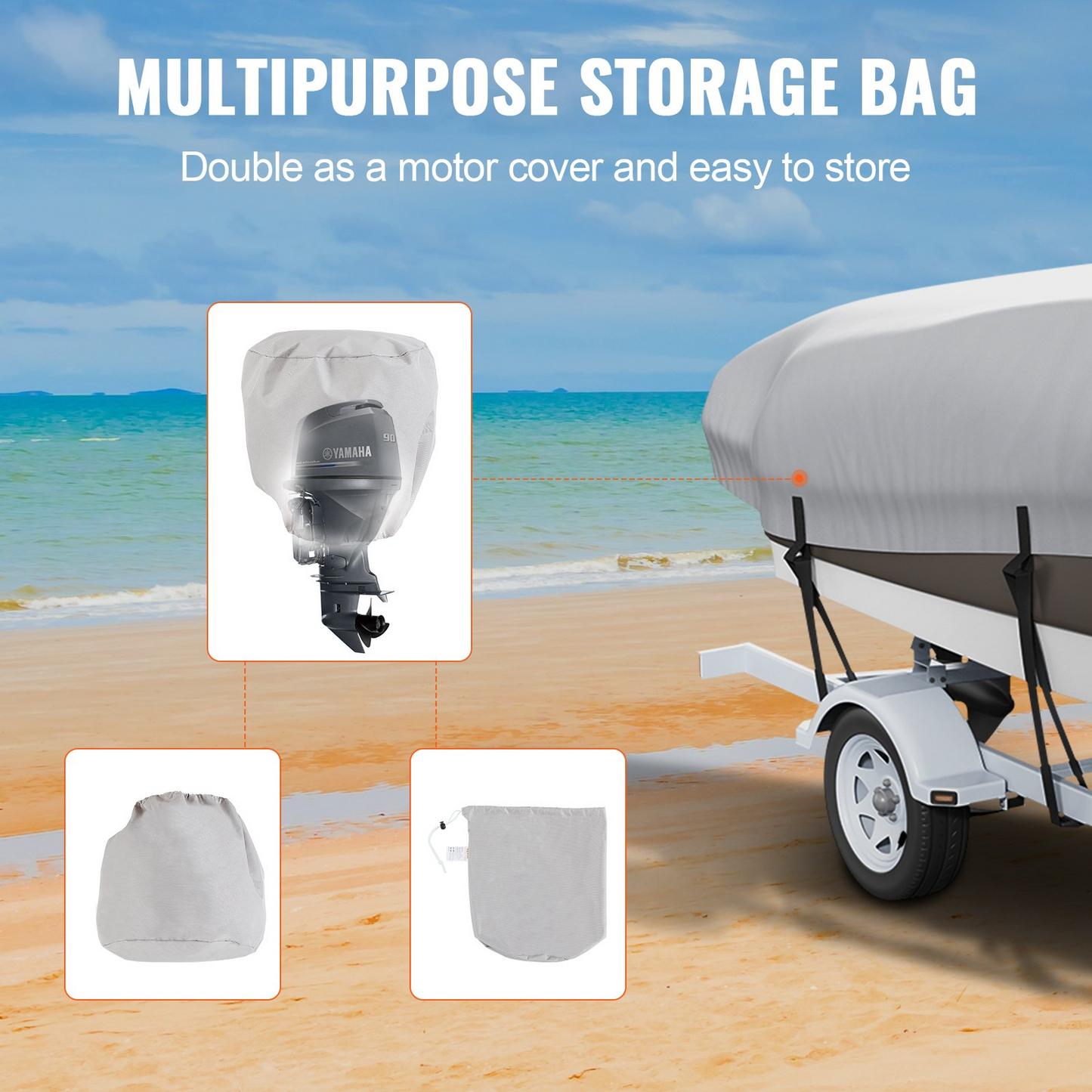 VEVOR Boat Cover, 6090-6700 mmTrailerable Waterproof Boat Cover, 600D Marine Grade PU Oxford, with Motor Cover and Buckle Straps, for V-Hull, Tri-Hull, Fish Ski Boat, Runabout, Bass Boat, Grey