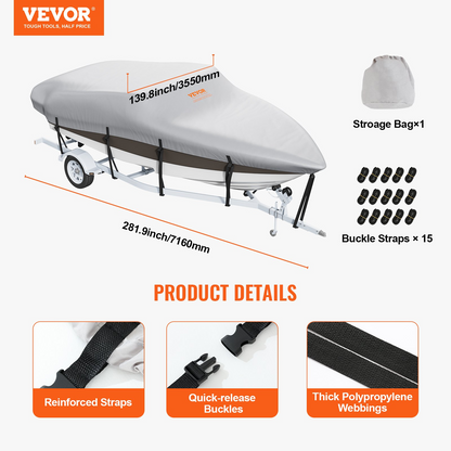 VEVOR Boat Cover, 6090-6700 mmTrailerable Waterproof Boat Cover, 600D Marine Grade PU Oxford, with Motor Cover and Buckle Straps, for V-Hull, Tri-Hull, Fish Ski Boat, Runabout, Bass Boat, Grey