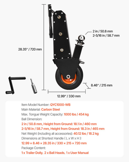 Trailer Dolly 1000lbs Weight Capacity Trailer Mover Dolly 2 and 2-5/16 in Balls