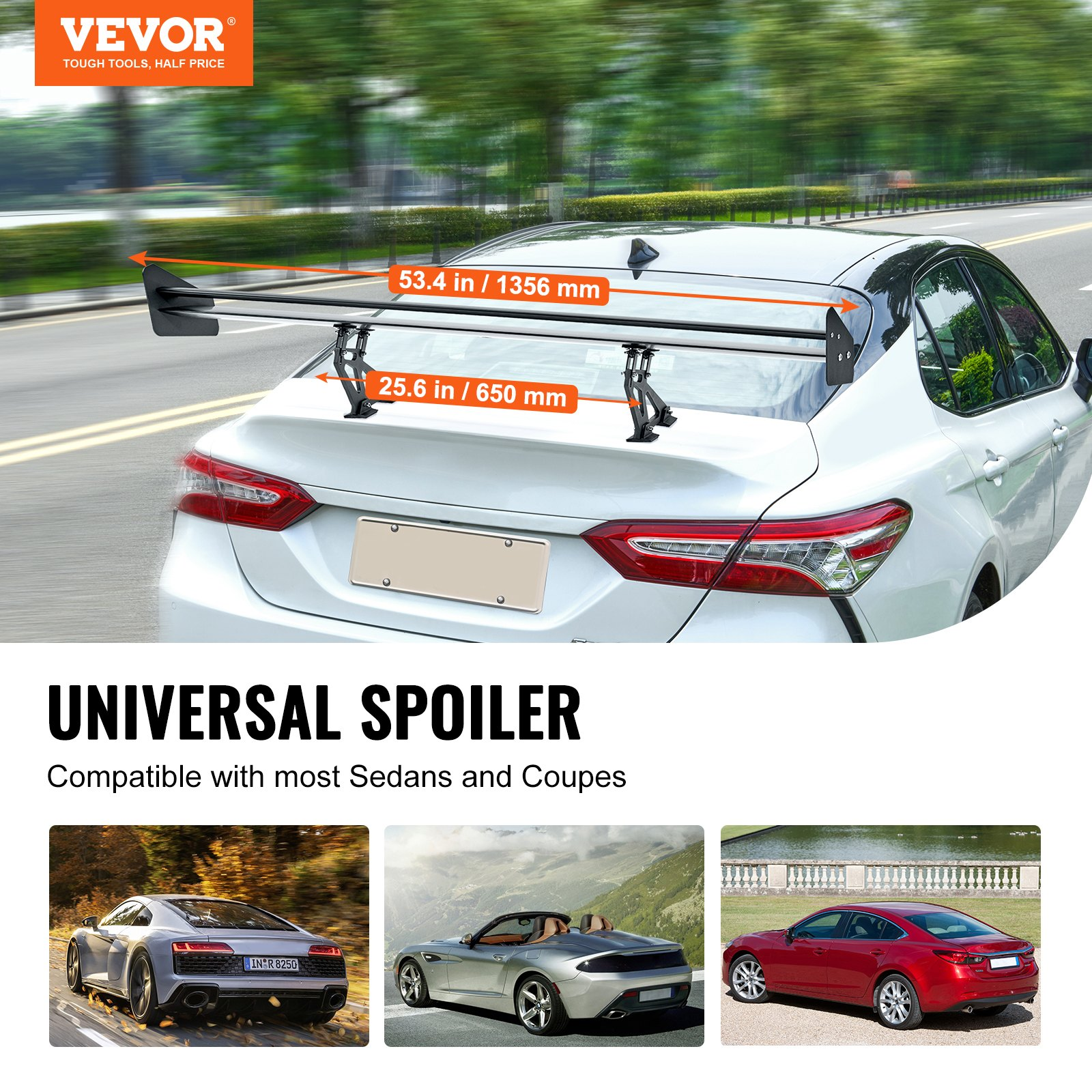 VEVOR Universal Rear Spoiler GT Style Adjustable Trunk Wing Car Racing 53.1"/135 cm