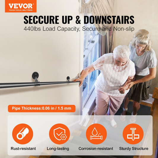 VEVOR Pipe Stair Handrail, 335.3 cm Staircase Handrail, 199.6 kg Load Capacity Carbon Steel Pipe Handrail, Industrial Pipe Handrail with Wall Mount Support, Round Corner Wall Handrailing for Indoor, Outdoor