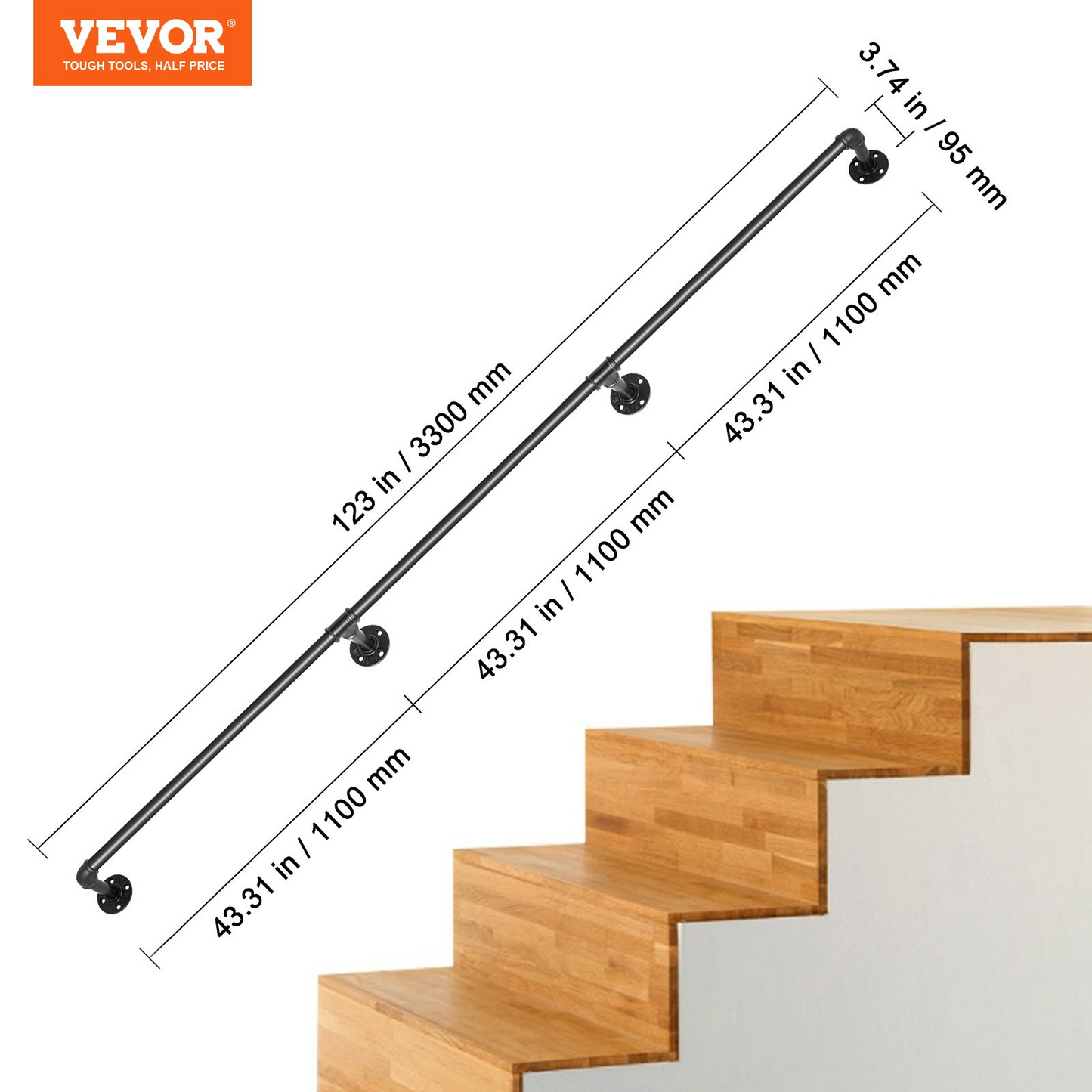 VEVOR Pipe Stair Handrail, 335.3 cm Staircase Handrail, 199.6 kg Load Capacity Carbon Steel Pipe Handrail, Industrial Pipe Handrail with Wall Mount Support, Round Corner Wall Handrailing for Indoor, Outdoor