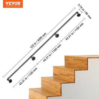 VEVOR Pipe Stair Handrail, 335.3 cm Staircase Handrail, 199.6 kg Load Capacity Carbon Steel Pipe Handrail, Industrial Pipe Handrail with Wall Mount Support, Round Corner Wall Handrailing for Indoor, Outdoor