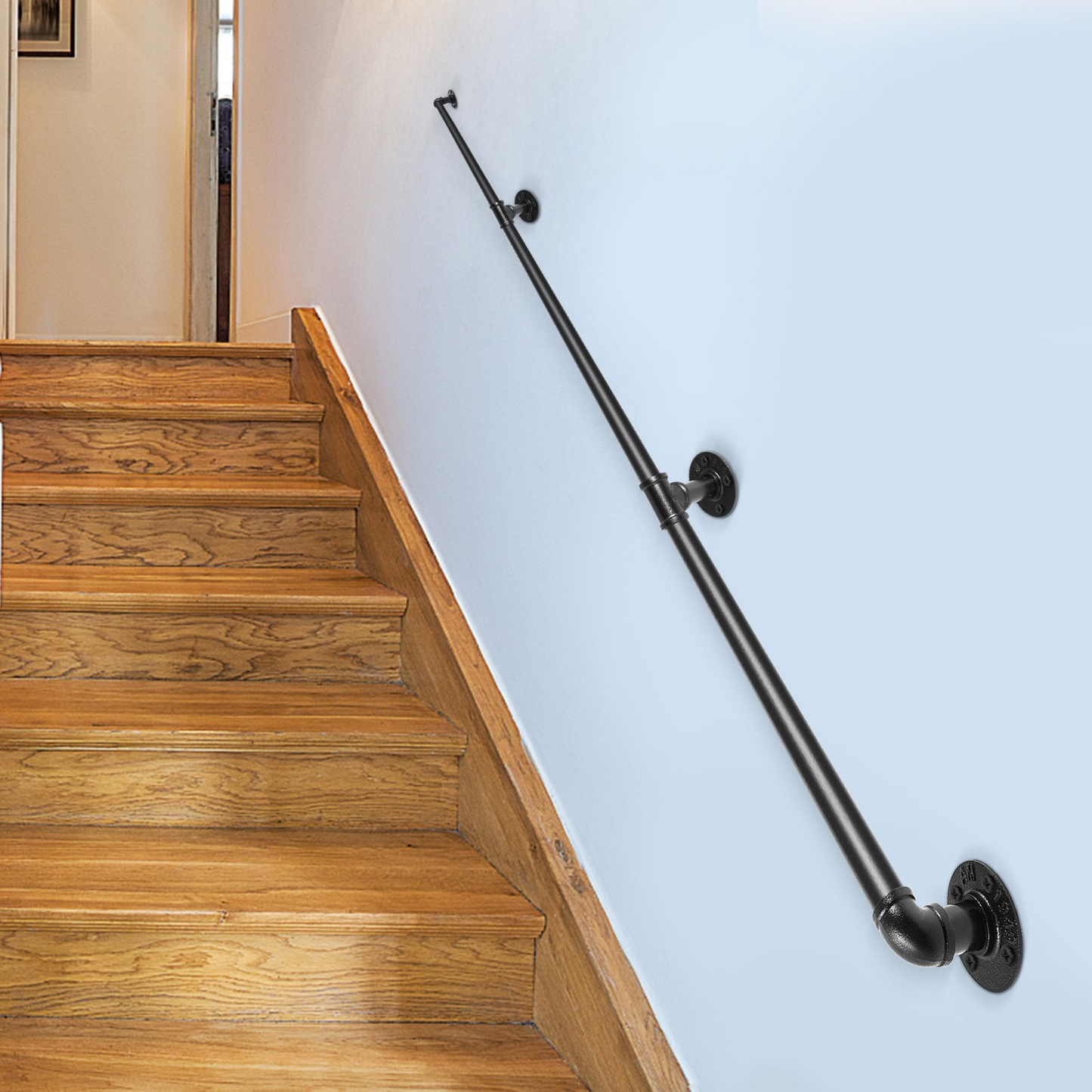 VEVOR Pipe Stair Handrail, 335.3 cm Staircase Handrail, 199.6 kg Load Capacity Carbon Steel Pipe Handrail, Industrial Pipe Handrail with Wall Mount Support, Round Corner Wall Handrailing for Indoor, Outdoor