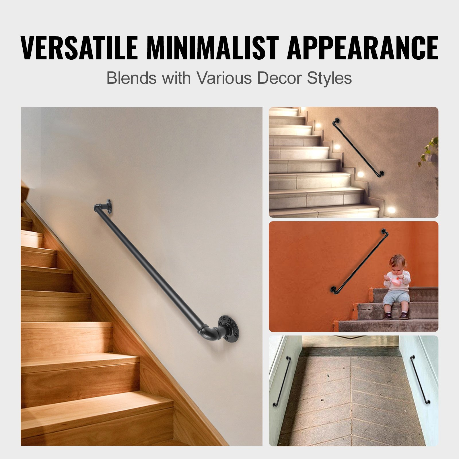 VEVOR Pipe Stair Handrail Staircase Handrail 61 cm Carbon Steel for Wall Mount