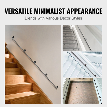 VEVOR Pipe Stair Handrail, 396.2 cm Staircase Handrail, 199.6 kg Load Capacity Carbon Steel Pipe Handrail, Industrial Pipe Handrail with Wall Mount Support, Round Corner Wall Handrailing for Indoor, Outdoor