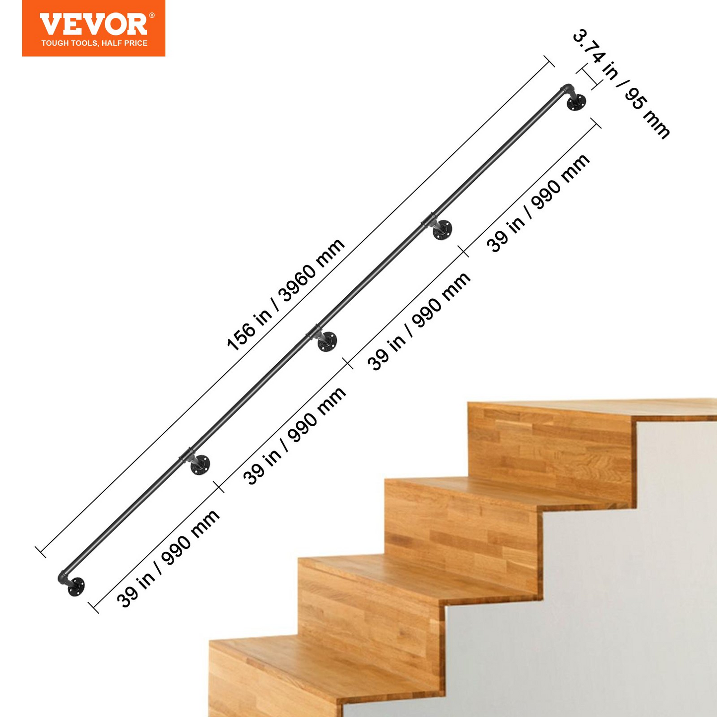 VEVOR Pipe Stair Handrail, 396.2 cm Staircase Handrail, 199.6 kg Load Capacity Carbon Steel Pipe Handrail, Industrial Pipe Handrail with Wall Mount Support, Round Corner Wall Handrailing for Indoor, Outdoor