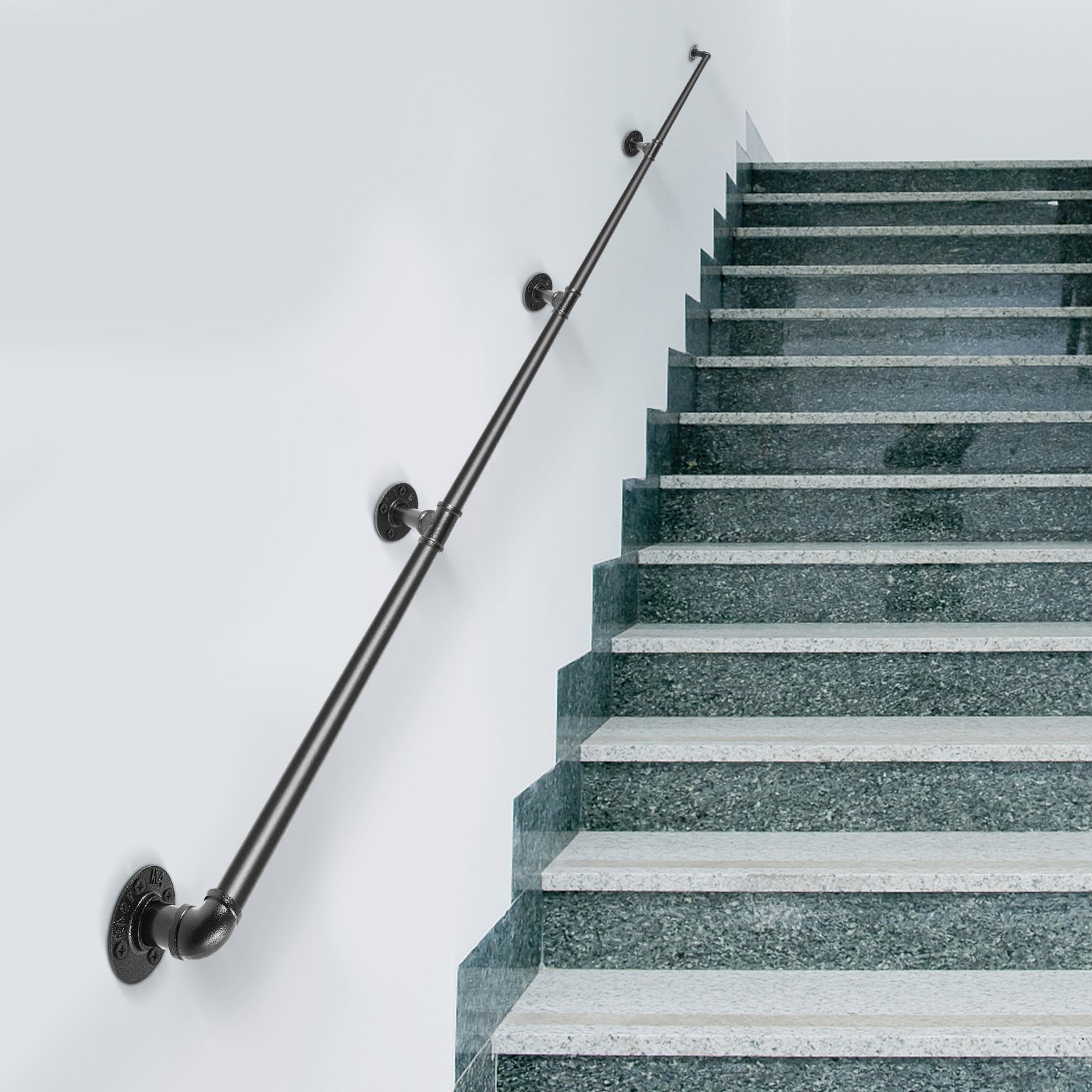 VEVOR Pipe Stair Handrail, 396.2 cm Staircase Handrail, 199.6 kg Load Capacity Carbon Steel Pipe Handrail, Industrial Pipe Handrail with Wall Mount Support, Round Corner Wall Handrailing for Indoor, Outdoor