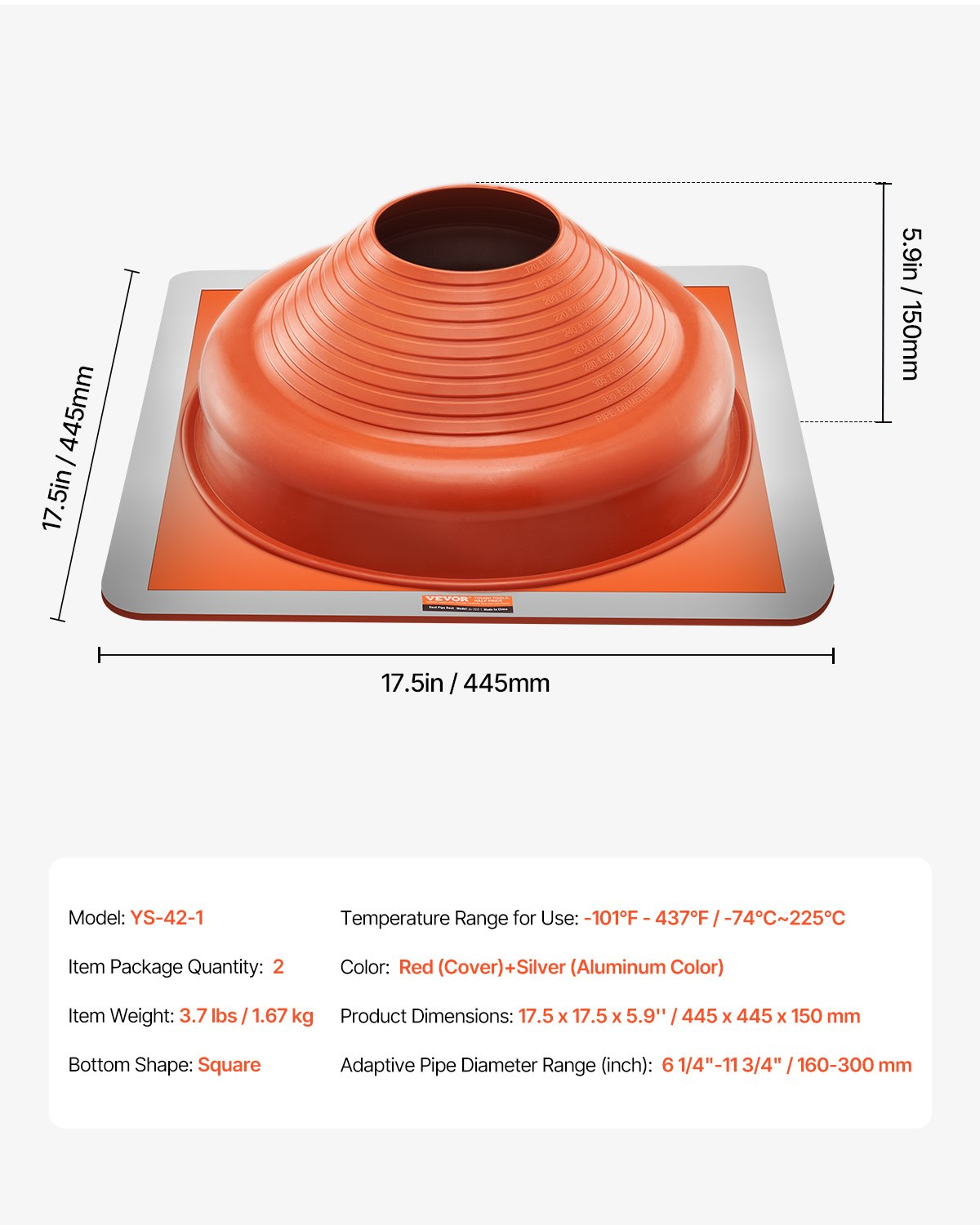 VEVOR 2 Pcs Metal Roof Pipe Flashing Boot Fit 6-1/4" - 11-3/4" Pipe Red Silicone