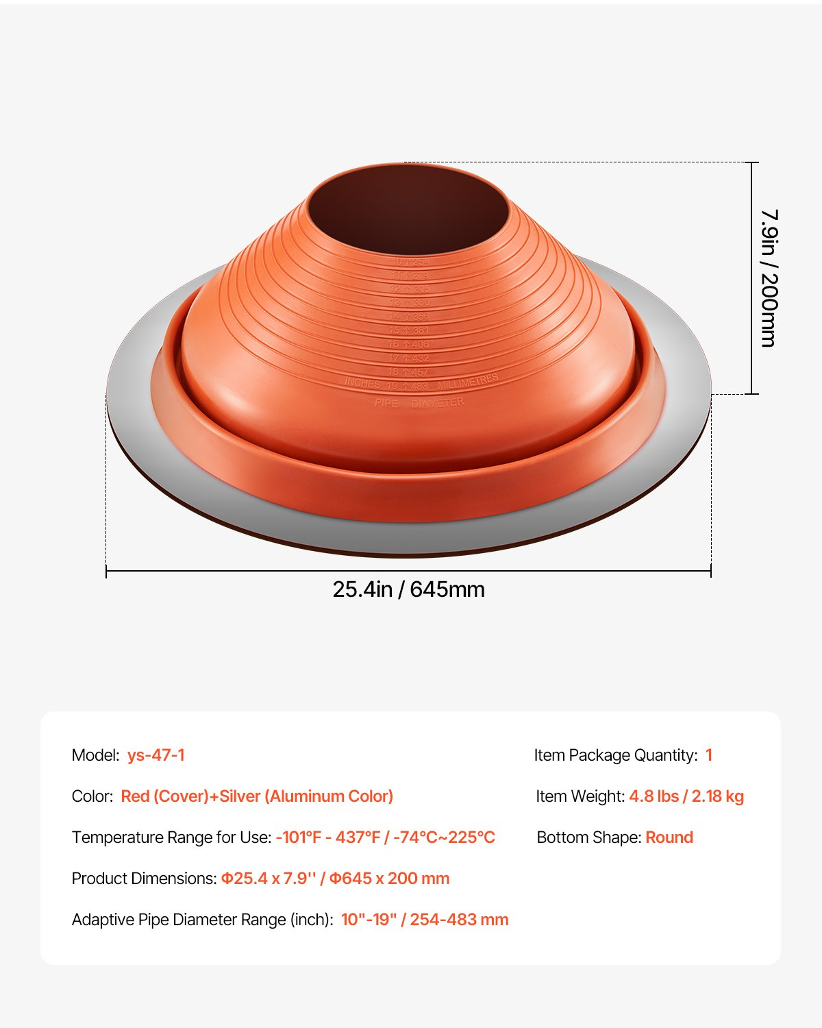 VEVOR Metal Roof Pipe Flashing Boot Fits 10" - 19" Pipe High Temp Red Silicone