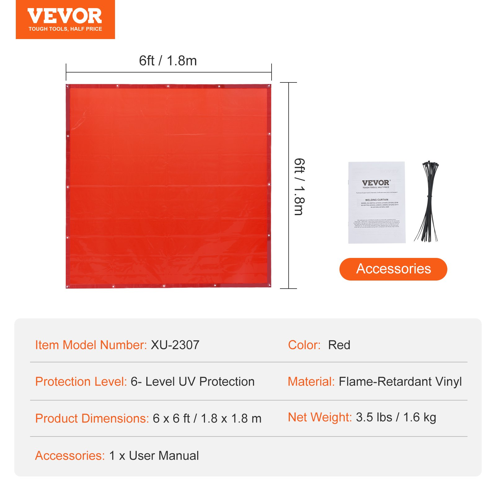VEVOR Welding Curtain Screen, 1.8 x 1.8 m Hanging Welding Curtain Wall, Flame-Resistant Vinyl Welding Protection Screens with 6-Level UV Protection & Hanging Holes, Portable for Workshop/Industrial, Red