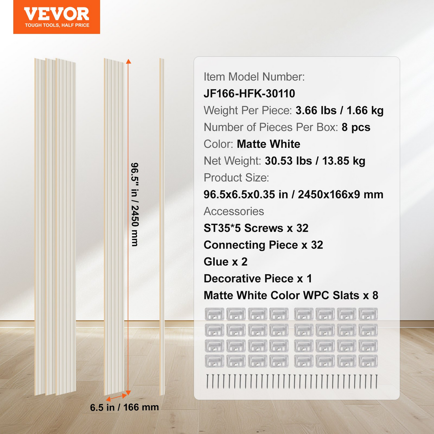 VEVOR Wood Slat Acoustic Panels 8 PCS 96 x 6 inch for Modern Wall Matte White