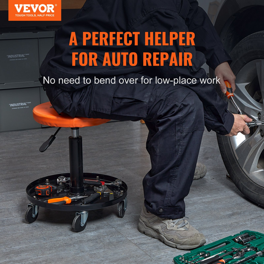 VEVOR Mechanic Stool, 113 kg Rolling Pneumatic Creeper Garage/Shop Seat, Adjustable Height 56 cm-71 cm Padded Rolling Workshop Stool with Tool Tray, for Garage, Shop, Auto Repair, Black+Orange