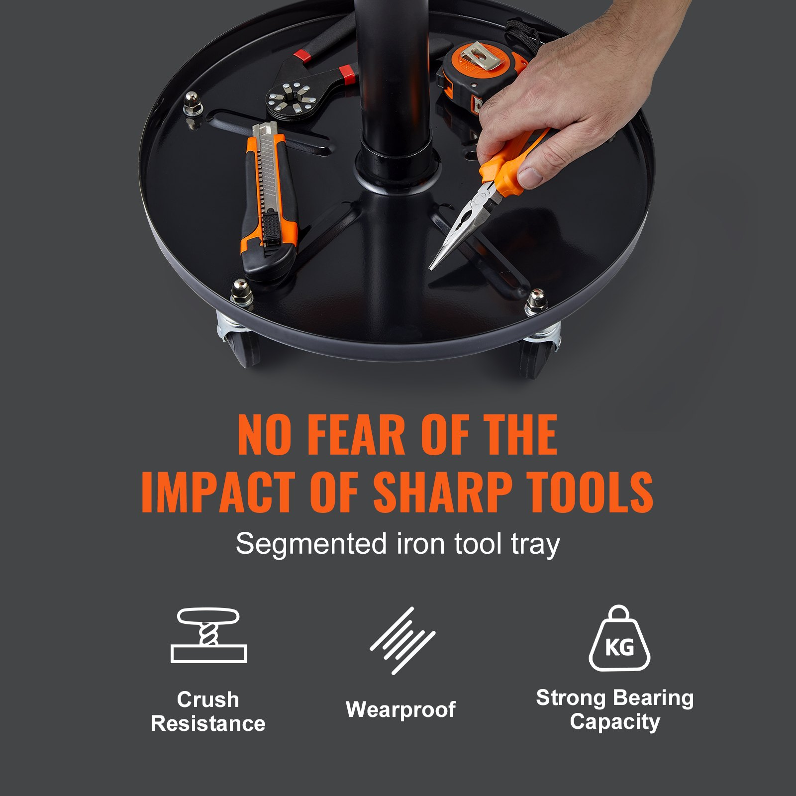 VEVOR Mechanic Stool, 113 kg Rolling Pneumatic Creeper Garage/Shop Seat, Adjustable Height 56 cm-71 cm Padded Rolling Workshop Stool with Tool Tray, for Garage, Shop, Auto Repair, Black+Orange