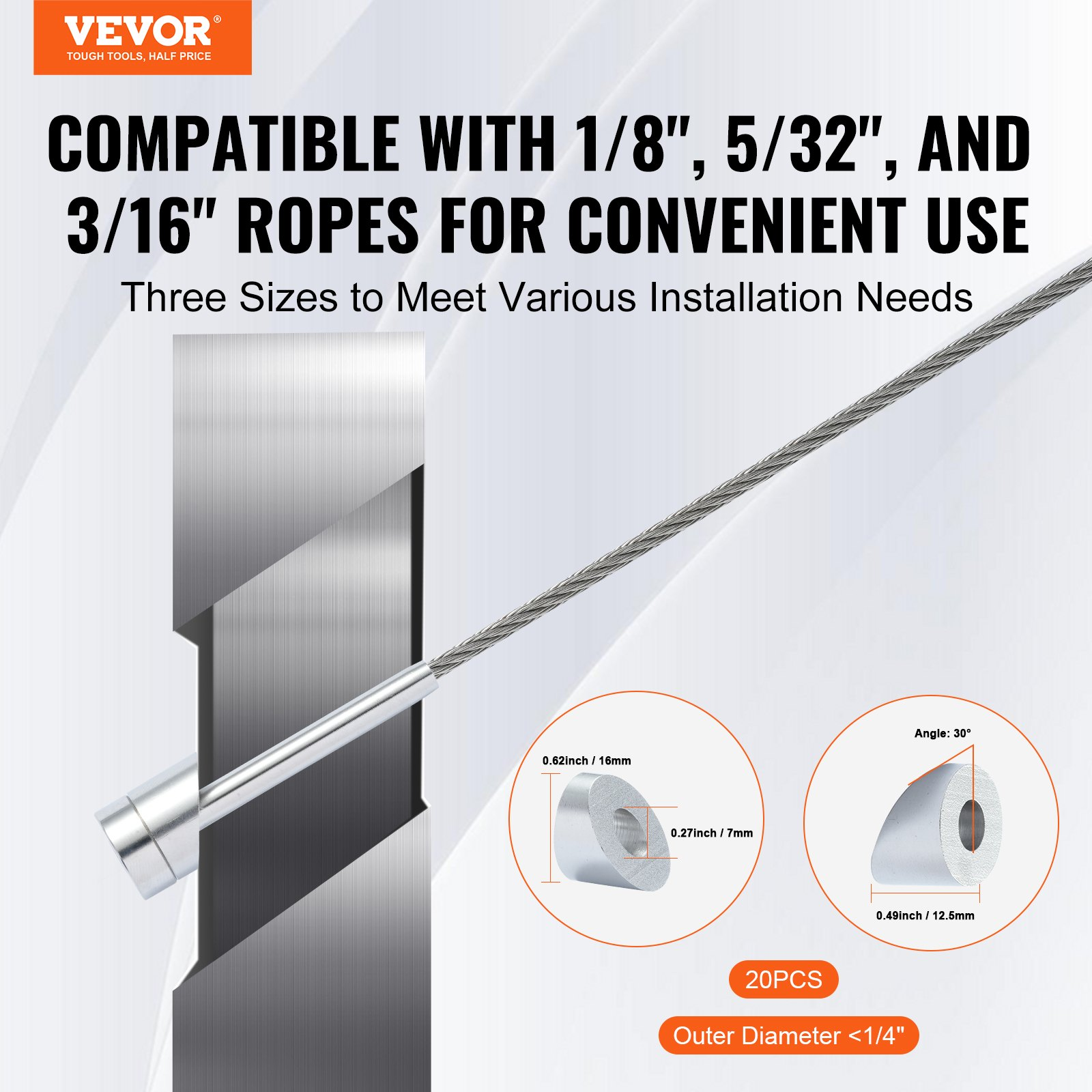 VEVOR 20Pack Cable Railing Kit 3.2mm Wheel Protector Sleeves, Bundle with Black Invisible Swage Tensioner and Terminal, Cable Railing Safeguard Covers for 3.2/4.8mm Wire Rope Multi-Angle Install