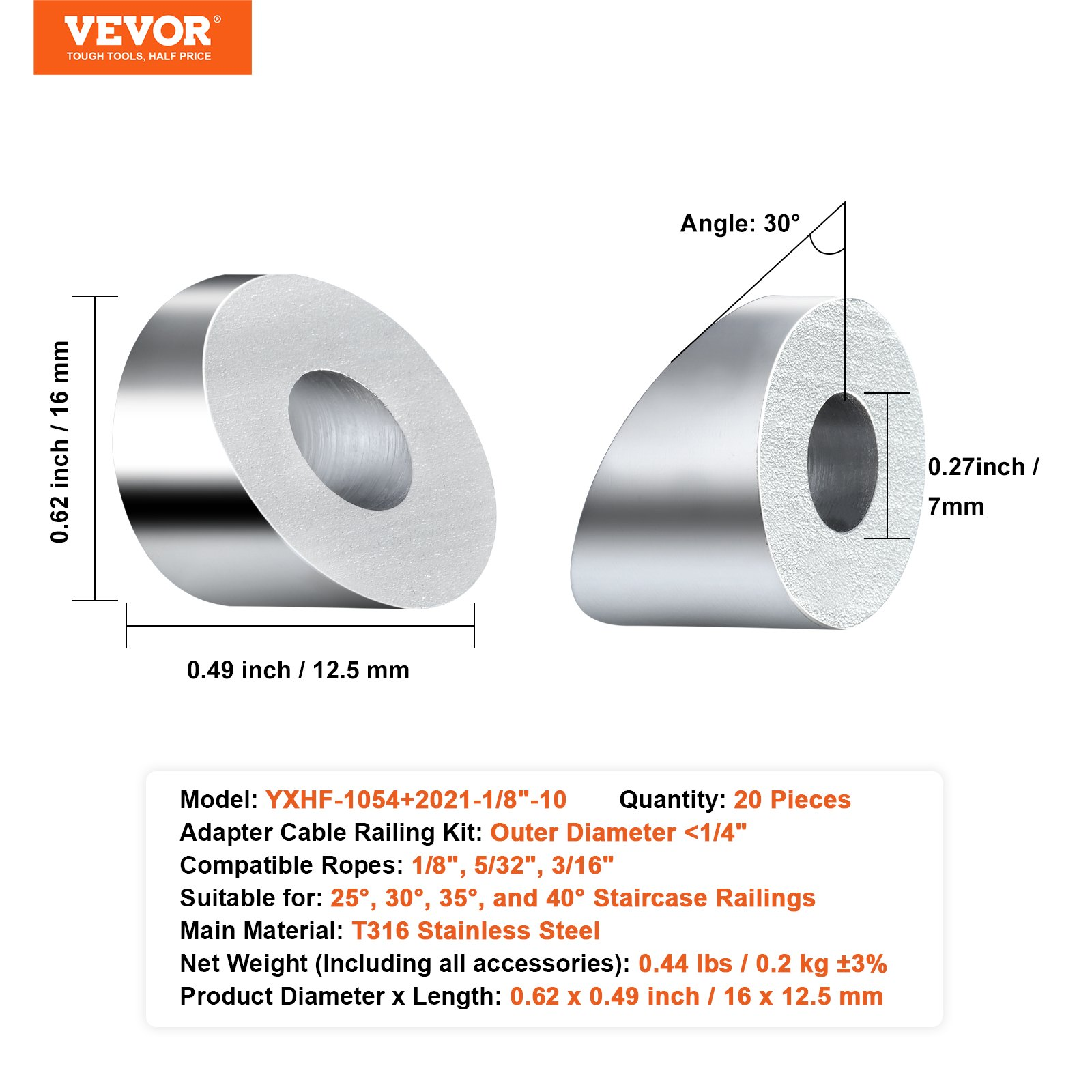 VEVOR 20Pack Cable Railing Kit 3.2mm Wheel Protector Sleeves, Bundle with Black Invisible Swage Tensioner and Terminal, Cable Railing Safeguard Covers for 3.2/4.8mm Wire Rope Multi-Angle Install