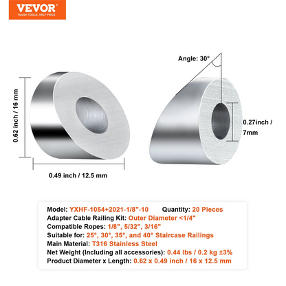 VEVOR 20Pack Cable Railing Kit 3.2mm Wheel Protector Sleeves, Bundle with Black Invisible Swage Tensioner and Terminal, Cable Railing Safeguard Covers for 3.2/4.8mm Wire Rope Multi-Angle Install