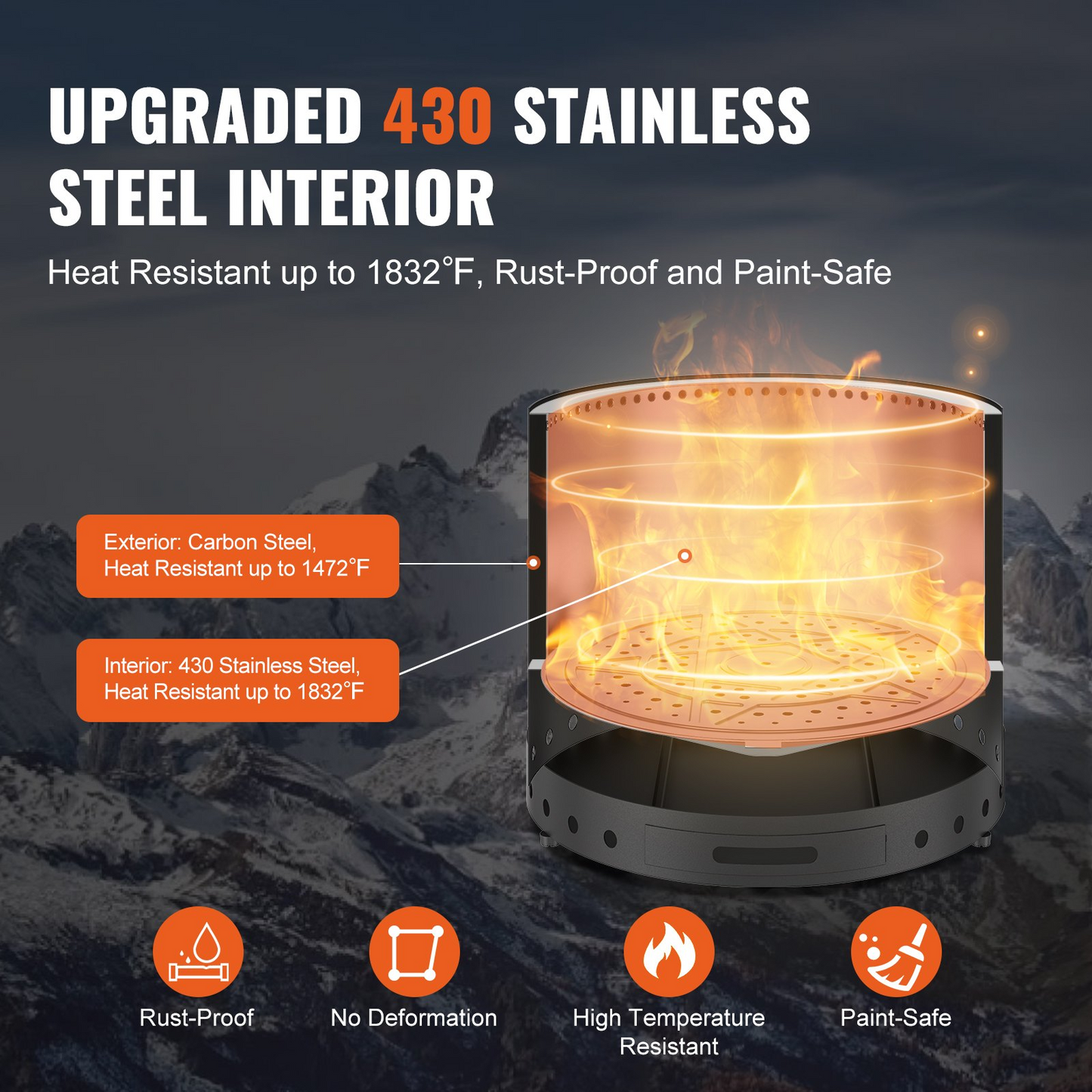 VEVOR Smokeless Fire Pit Stove Bonfire 49 cm Dia Wood Burning Stainless Steel