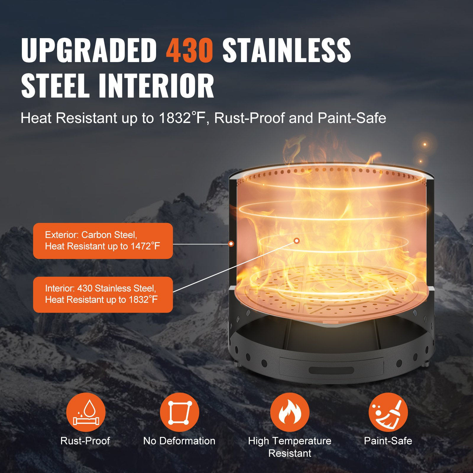 VEVOR Smokeless Fire Pit Stove Bonfire 49 cm Dia Wood Burning Stainless Steel
