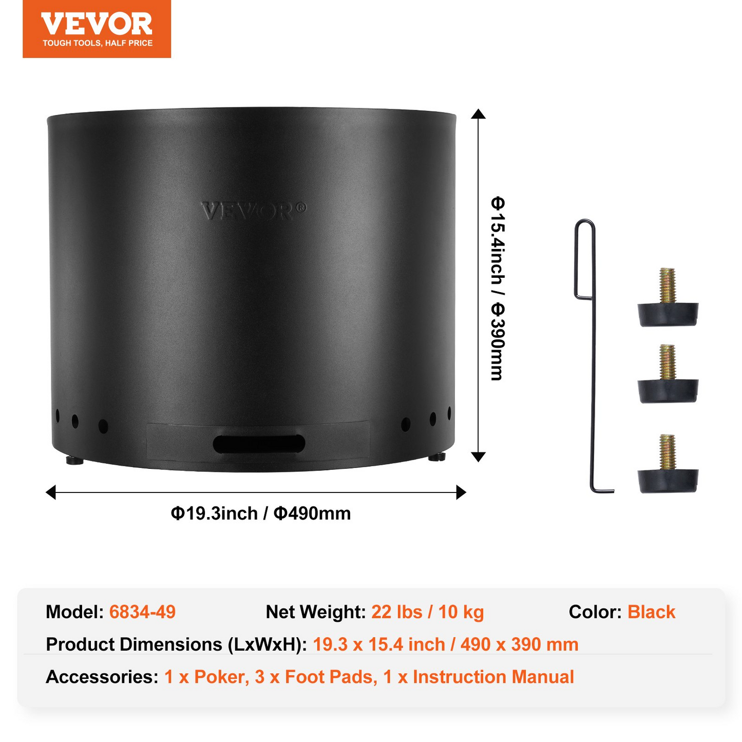 VEVOR Smokeless Fire Pit Stove Bonfire 49 cm Dia Wood Burning Stainless Steel