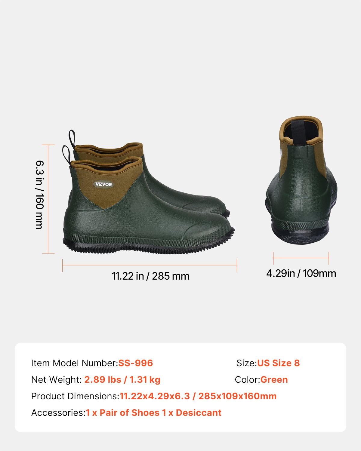 VEVOR Women's Ankle Deck Boots Waterproof Anti-Slip Work Rain Boots Size 8 US