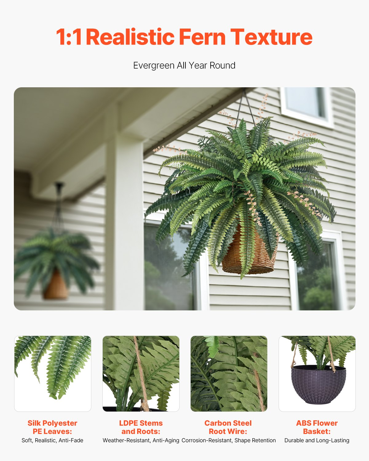 VEVOR Artificial Boston Fern Large Plastic Fern 80 Branches Indoor Outdoor Decor