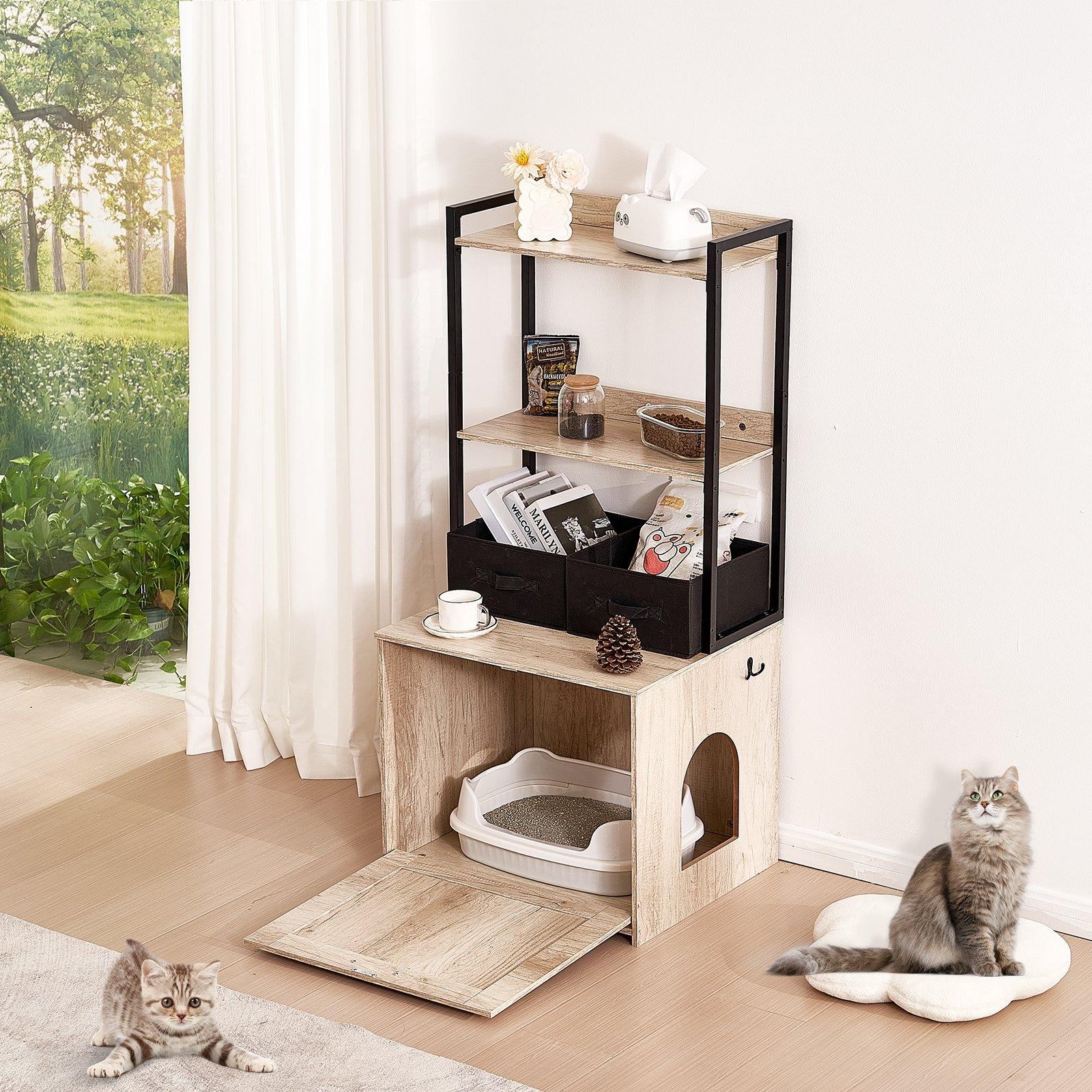 VEVOR Cat Litter Box Enclosure Litter Box Furniture Hidden 2 Shelves & 2 Baskets