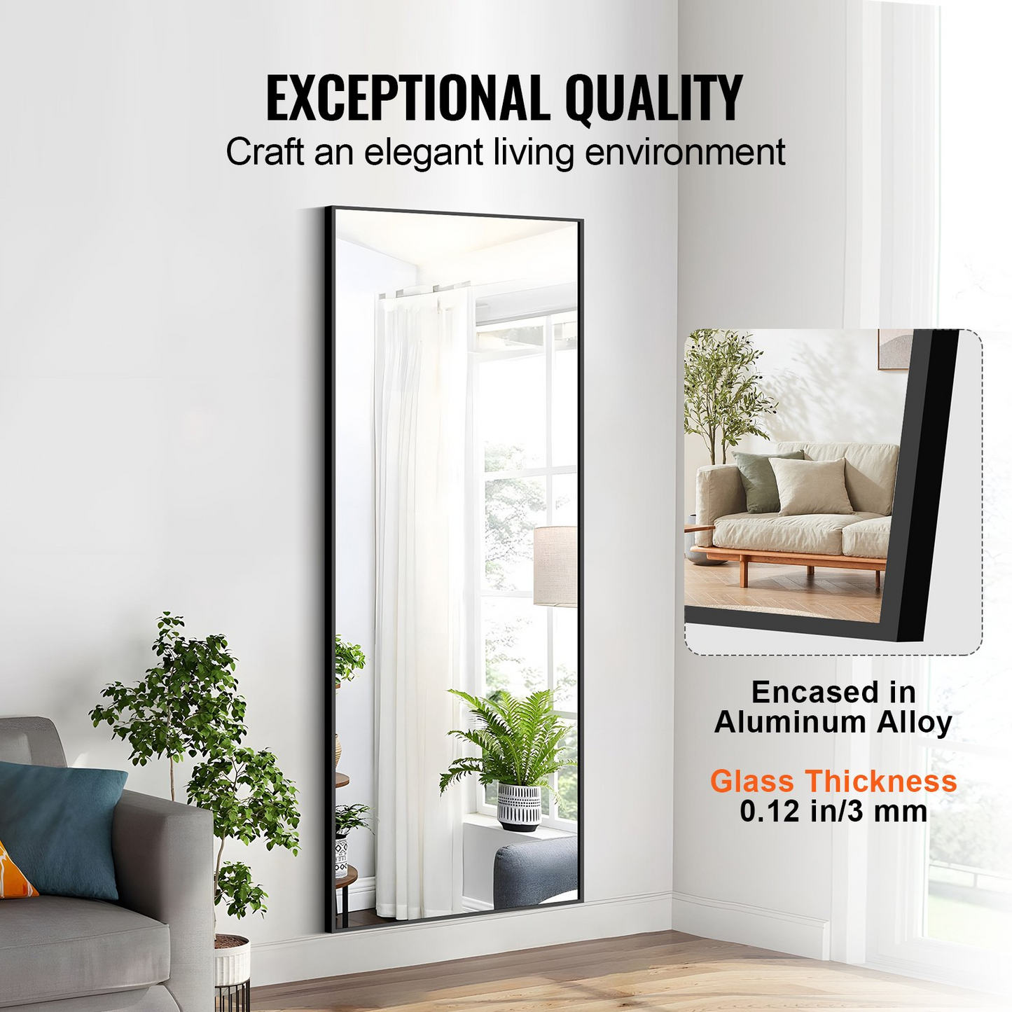 VEVOR Full Length Mirror, 71'' x 31'', Extra Large Standing Hanging or Leaning Rectangle Floor Mirror with Tempered Glass Aluminum Alloy Frame, Full Body Dressing Mirror for Living Room Bedroom, Black